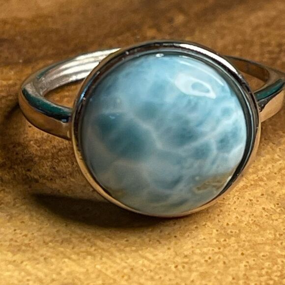 Larimar S925 sterling silver adjustable ring 10mm natural stone crystal NEW - Picture 1 of 13